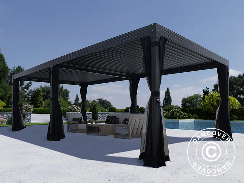 Bioklimatyczna pergola Monterey, 4x8m, z zasłonami i moskitierą, Czarna - Image 4