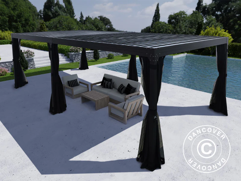 Bioklimatyczna pergola Monterey, 4x8m, z zasłonami i moskitierą, Czarna - Image 5
