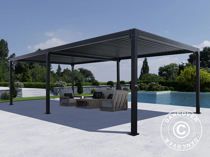 Bioklimatyczna pergola Monterey, 4x8m, z zasłonami i moskitierą, Czarna - Image 6