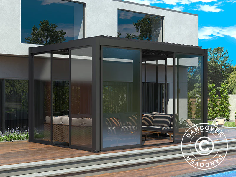 Bioklimatyczna pergola San Pablo Alu+ z drzwiami przesuwnymi, 3x4m, Czarna - Image 2