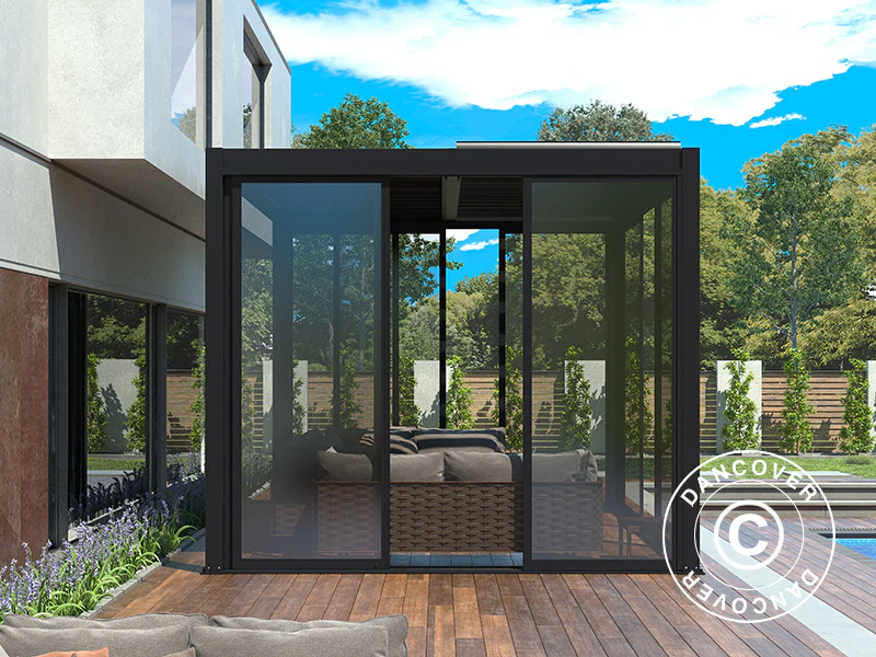 Bioklimatyczna pergola San Pablo Alu+ z drzwiami przesuwnymi, 3x4m, Czarna - Image 5