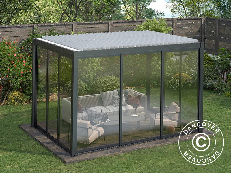 Bioklimatyczna pergola San Pablo Alu+ z drzwiami przesuwnymi, 3x4m, Czarna/Biała - Image 4