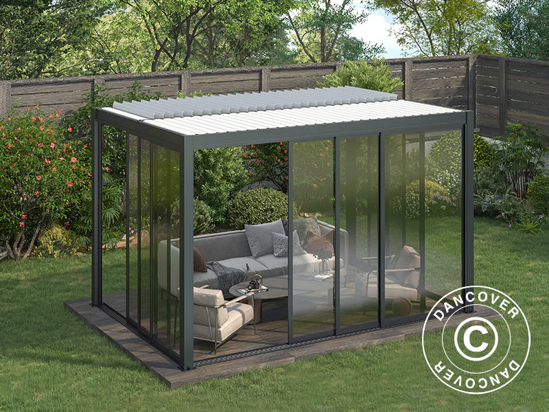 Bioklimatyczna pergola San Pablo Alu+ z drzwiami przesuwnymi, 3x4m, Czarna/Biała - Image 5