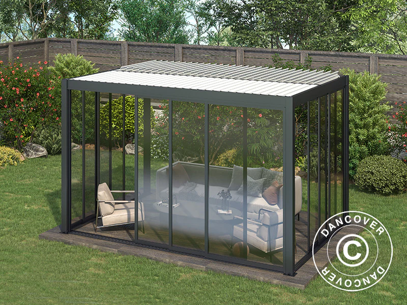 Bioklimatyczna pergola San Pablo Alu+ z drzwiami przesuwnymi, 3x4m, Czarna/Biała - Image 6