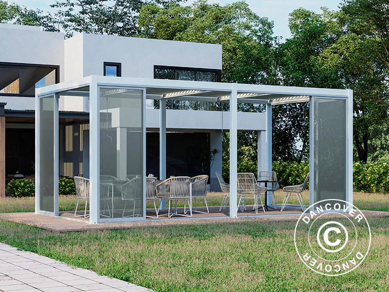 Bioklimatyczna pergola San Pablo Alu+ z drzwiami przesuwnymi, 3x5,8m, Biała - Image 2