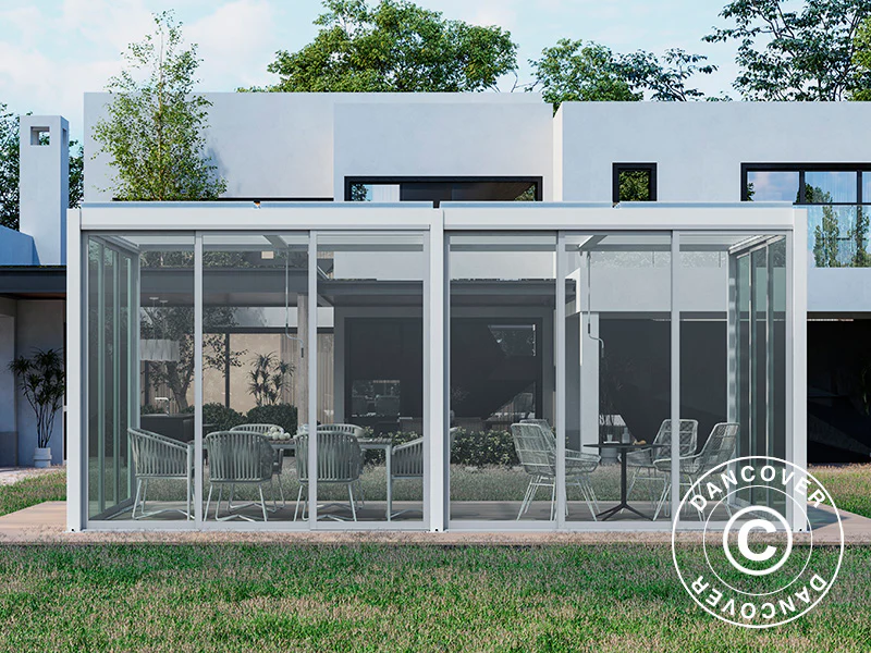 Bioklimatyczna pergola San Pablo Alu+ z drzwiami przesuwnymi, 3x5,8m, Biała - Image 3