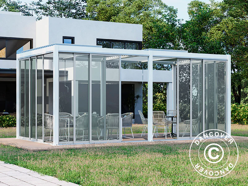 Bioklimatyczna pergola San Pablo Alu+ z drzwiami przesuwnymi, 3x5,8m, Biała - Image 6