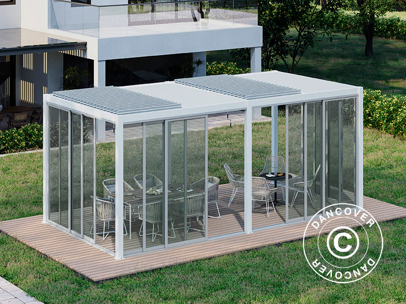 Bioklimatyczna pergola San Pablo Alu+ z drzwiami przesuwnymi, 3x5,8m, Biała - Image 7