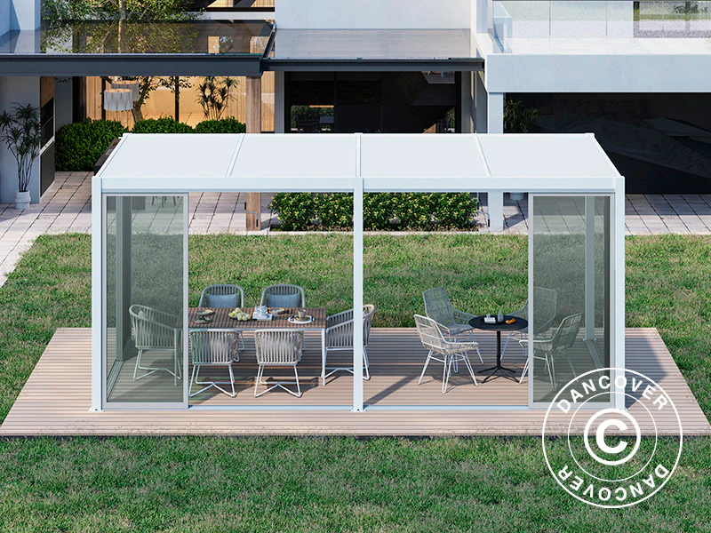 Bioklimatyczna pergola San Pablo Alu+ z drzwiami przesuwnymi, 3x5,8m, Biała - Image 8