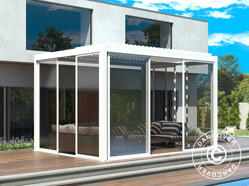 Bioklimatyczna pergola San Pablo Alu+ z drzwiami przesuwnymi, 4x4m, Biała - Image 2