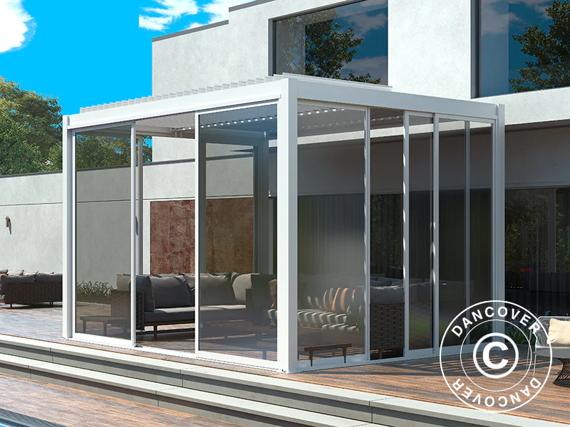 Bioklimatyczna pergola San Pablo Alu+ z drzwiami przesuwnymi, 4x4m, Biała - Image 3
