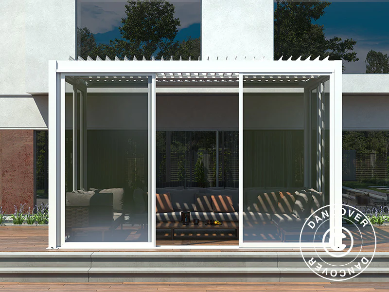 Bioklimatyczna pergola San Pablo Alu+ z drzwiami przesuwnymi, 4x4m, Biała - Image 4