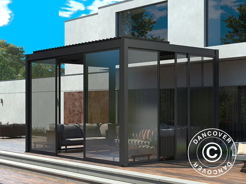 Bioklimatyczna pergola San Pablo Alu+ z drzwiami przesuwnymi, 4x4m, Czarna - Image 3