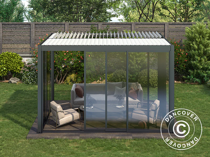 Bioklimatyczna pergola San Pablo Alu+ z drzwiami przesuwnymi, 4x4m, Czarna/Biała - Image 3