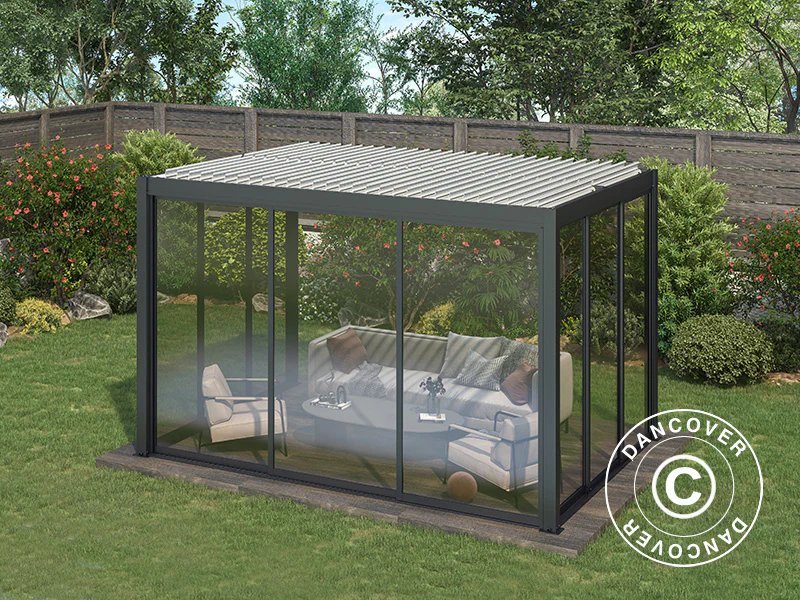 Bioklimatyczna pergola San Pablo Alu+ z drzwiami przesuwnymi, 4x4m, Czarna/Biała - Image 6