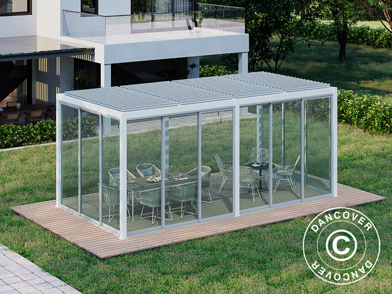 Bioklimatyczna pergola San Pablo Alu+ z drzwiami przesuwnymi, 4x5,8m, Biała - Image 3