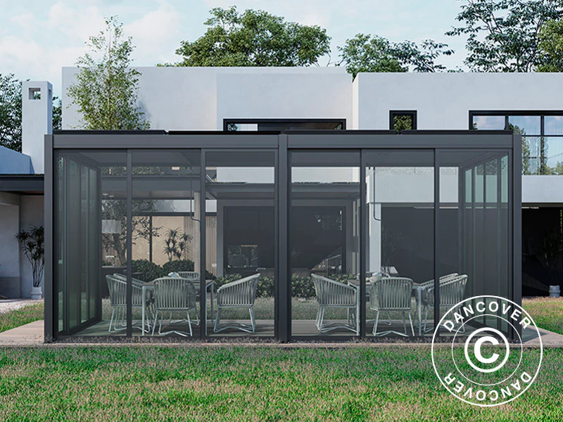 Bioklimatyczna pergola San Pablo Alu+ z drzwiami przesuwnymi, 4x5,8m, Czarna - Image 3