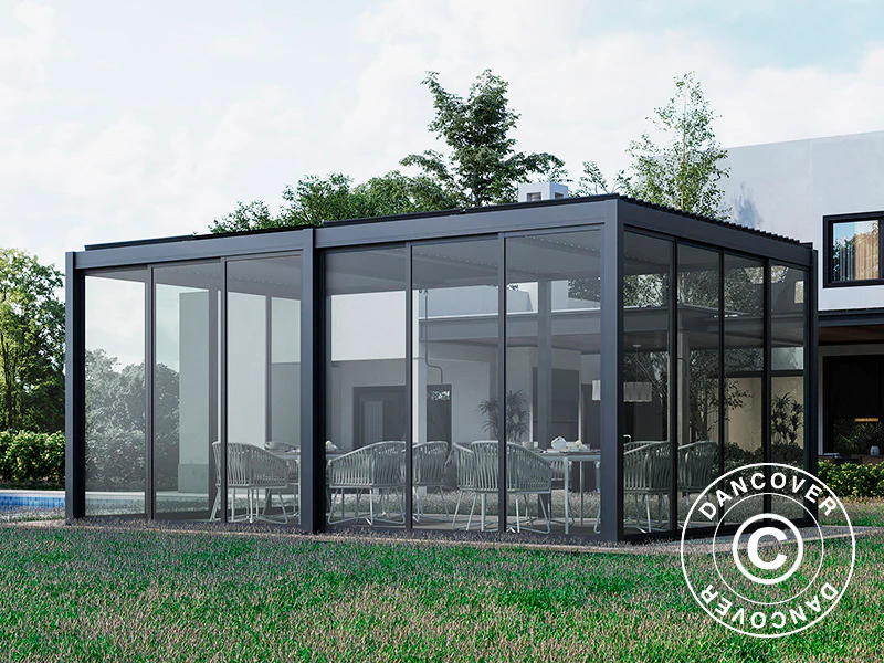 Bioklimatyczna pergola San Pablo Alu+ z drzwiami przesuwnymi, 4x5,8m, Czarna - Image 4