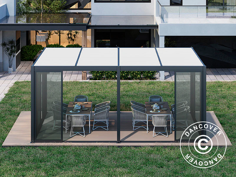 Bioklimatyczna pergola San Pablo Alu+ z drzwiami przesuwnymi, 4x5,8m Czarna/Biała - Image 3