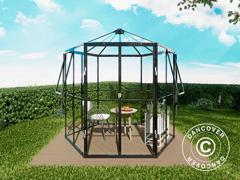 Oranżeria sześciokątna ze szkła 3,74m², 2,08x2,4x2,32m, Czarna - Image 5