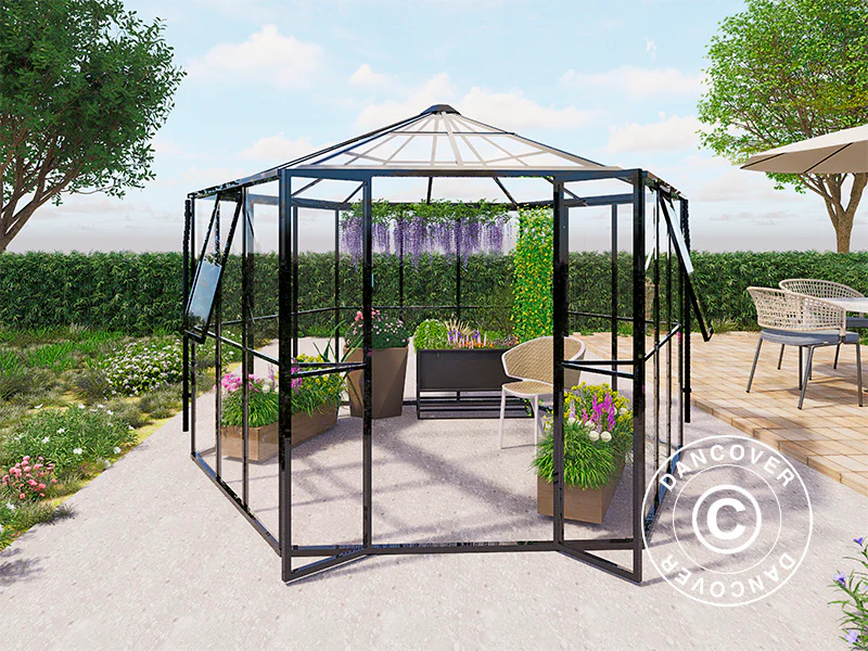 Oranżeria sześciokątna ze szkła 8,42m², 3,12x3,6x2,42m, Czarna - Image 5