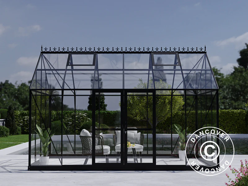 Oranżeria, szklarnia szklana 13,3,m², 4,45x2,99x2,95m z podstawą i ozdobnym zwieńczeniem dachu, Czarna - Image 2