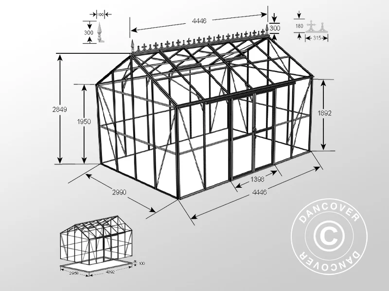 Oranżeria, szklarnia szklana 13,3,m², 4,45x2,99x2,95m z podstawą i ozdobnym zwieńczeniem dachu, Czarna - Image 7