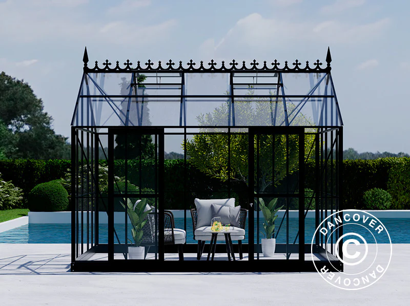 Oranżeria, szklarnia szklana 13,8m², 3,73x3,71x3,16m z podstawą i ozdobnym zwieńczeniem dachu, Czarna - Image 10