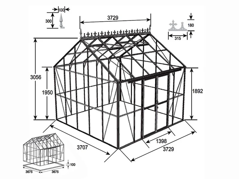Oranżeria, szklarnia szklana 13,8m², 3,73x3,71x3,16m z podstawą i ozdobnym zwieńczeniem dachu, Czarna - Image 11