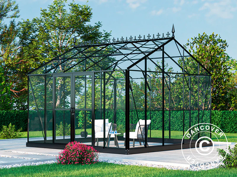 Oranżeria, szklarnia szklana 13,8m², 3,73x3,71x3,16m z podstawą i ozdobnym zwieńczeniem dachu, Czarna - Image 2