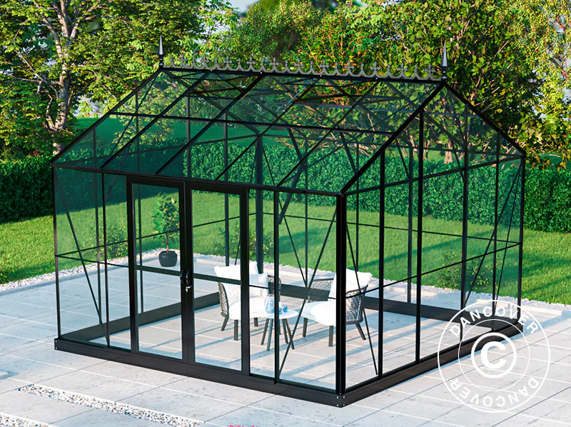 Oranżeria, szklarnia szklana 13,8m², 3,73x3,71x3,16m z podstawą i ozdobnym zwieńczeniem dachu, Czarna - Image 3