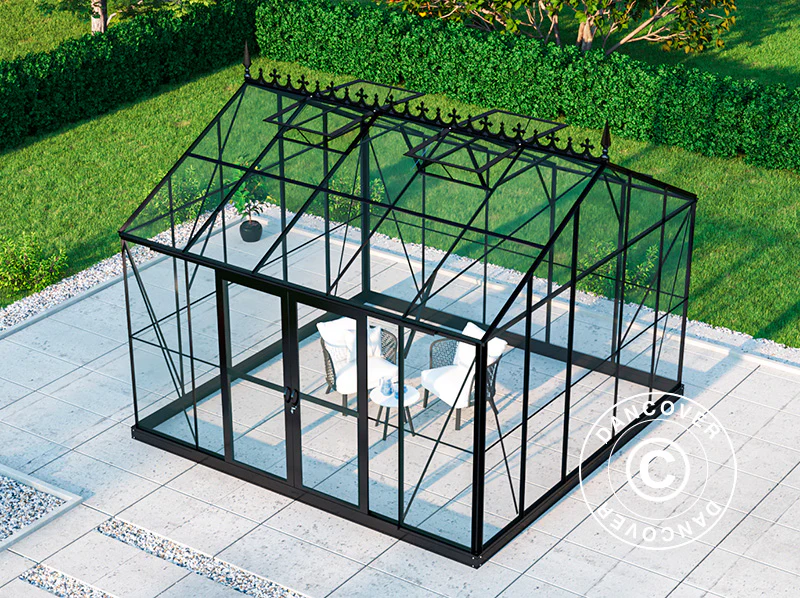 Oranżeria, szklarnia szklana 13,8m², 3,73x3,71x3,16m z podstawą i ozdobnym zwieńczeniem dachu, Czarna - Image 4