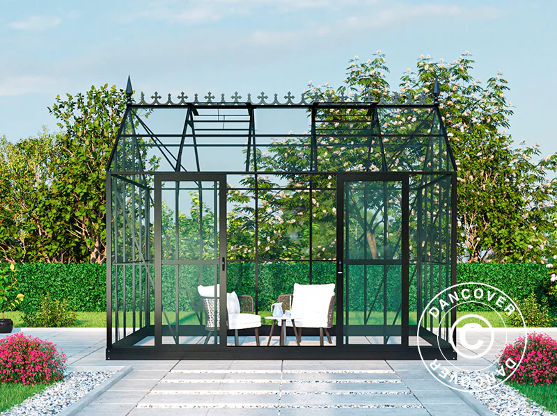 Oranżeria, szklarnia szklana 13,8m², 3,73x3,71x3,16m z podstawą i ozdobnym zwieńczeniem dachu, Czarna - Image 5