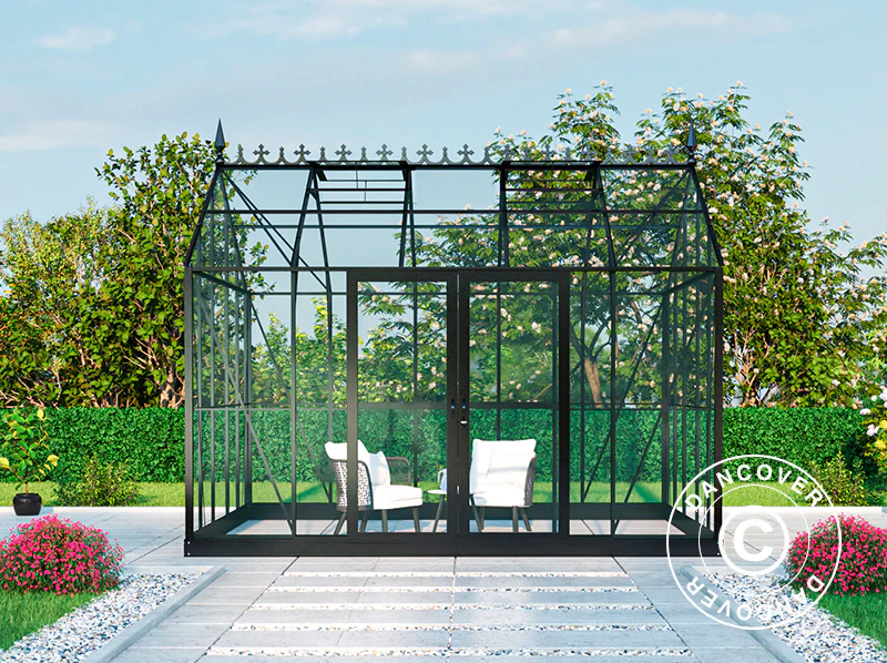 Oranżeria, szklarnia szklana 13,8m², 3,73x3,71x3,16m z podstawą i ozdobnym zwieńczeniem dachu, Czarna - Image 6