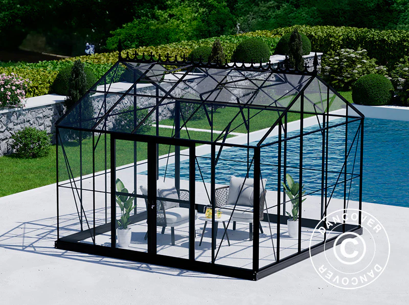 Oranżeria, szklarnia szklana 13,8m², 3,73x3,71x3,16m z podstawą i ozdobnym zwieńczeniem dachu, Czarna - Image 7