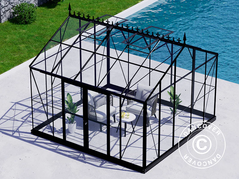 Oranżeria, szklarnia szklana 13,8m², 3,73x3,71x3,16m z podstawą i ozdobnym zwieńczeniem dachu, Czarna - Image 8