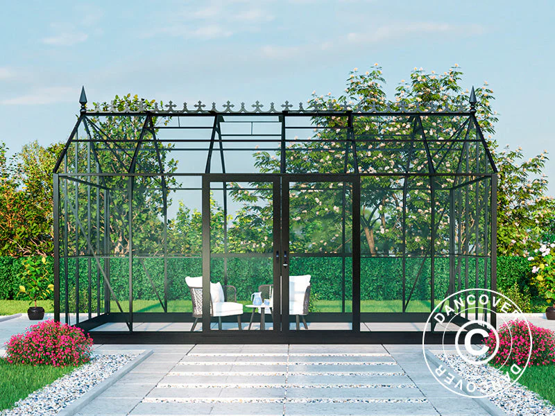 Oranżeria, szklarnia szklana 16,5m², 4,45x3,71x3,16m z podstawą i ozdobnym zwieńczeniem dachu, Czarna - Image 10