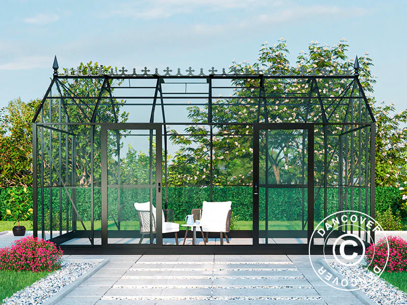 Oranżeria, szklarnia szklana 16,5m², 4,45x3,71x3,16m z podstawą i ozdobnym zwieńczeniem dachu, Czarna - Image 11