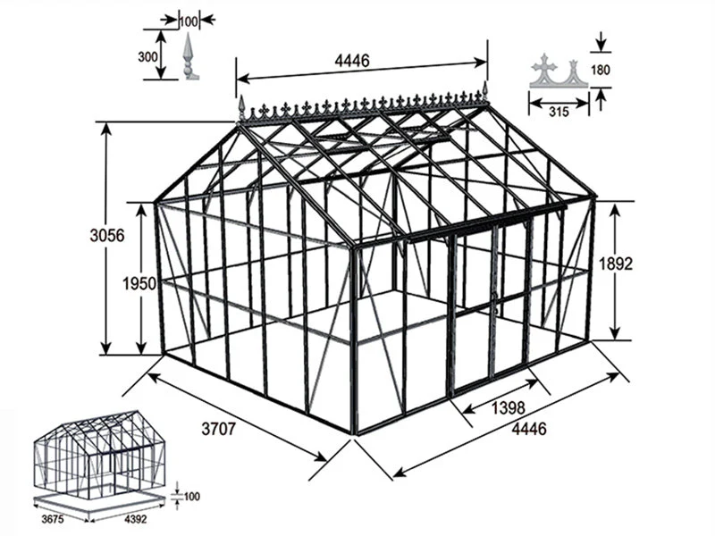 Oranżeria, szklarnia szklana 16,5m², 4,45x3,71x3,16m z podstawą i ozdobnym zwieńczeniem dachu, Czarna - Image 12