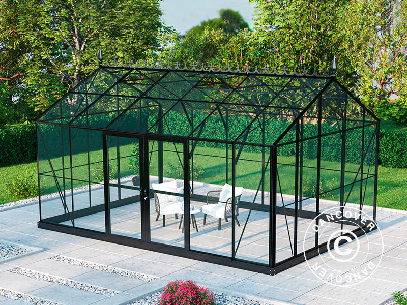 Oranżeria, szklarnia szklana 16,5m², 4,45x3,71x3,16m z podstawą i ozdobnym zwieńczeniem dachu, Czarna - Image 2