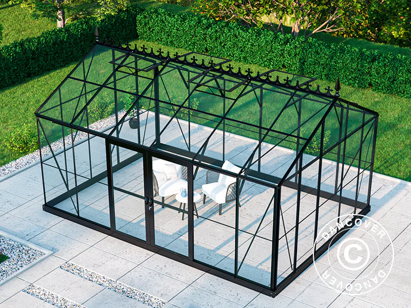 Oranżeria, szklarnia szklana 16,5m², 4,45x3,71x3,16m z podstawą i ozdobnym zwieńczeniem dachu, Czarna - Image 3