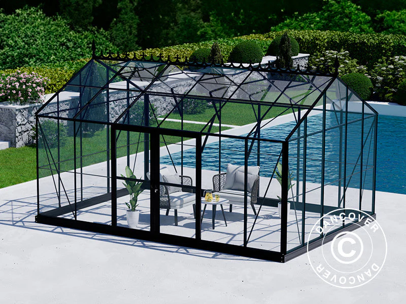 Oranżeria, szklarnia szklana 16,5m², 4,45x3,71x3,16m z podstawą i ozdobnym zwieńczeniem dachu, Czarna - Image 4