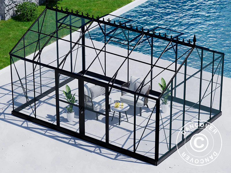 Oranżeria, szklarnia szklana 16,5m², 4,45x3,71x3,16m z podstawą i ozdobnym zwieńczeniem dachu, Czarna - Image 5