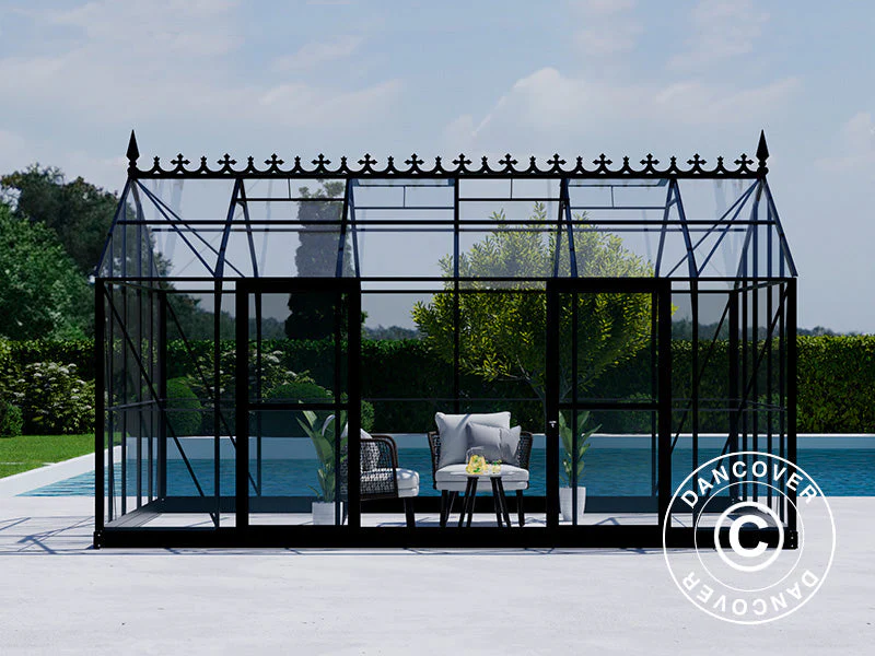 Oranżeria, szklarnia szklana 16,5m², 4,45x3,71x3,16m z podstawą i ozdobnym zwieńczeniem dachu, Czarna - Image 7