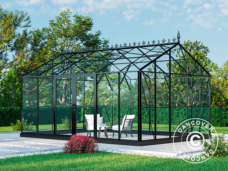 Oranżeria, szklarnia szklana 16,5m², 4,45x3,71x3,16m z podstawą i ozdobnym zwieńczeniem dachu, Czarna - Image 9