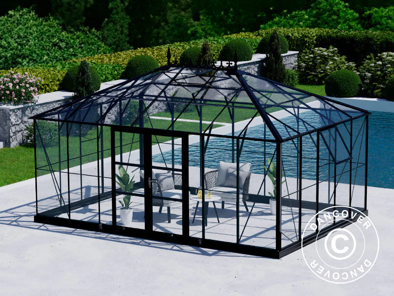 Oranżeria, szklarnia szklana 19m², 5,14x3,71x3,15m z podstawą i ozdobnym zwieńczeniem dachu, Czarna - Image 10