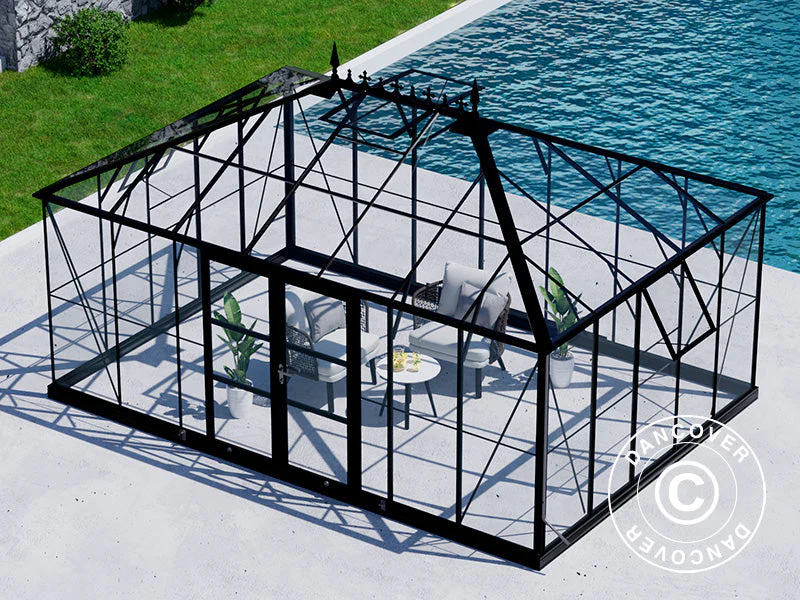Oranżeria, szklarnia szklana 19m², 5,14x3,71x3,15m z podstawą i ozdobnym zwieńczeniem dachu, Czarna - Image 11