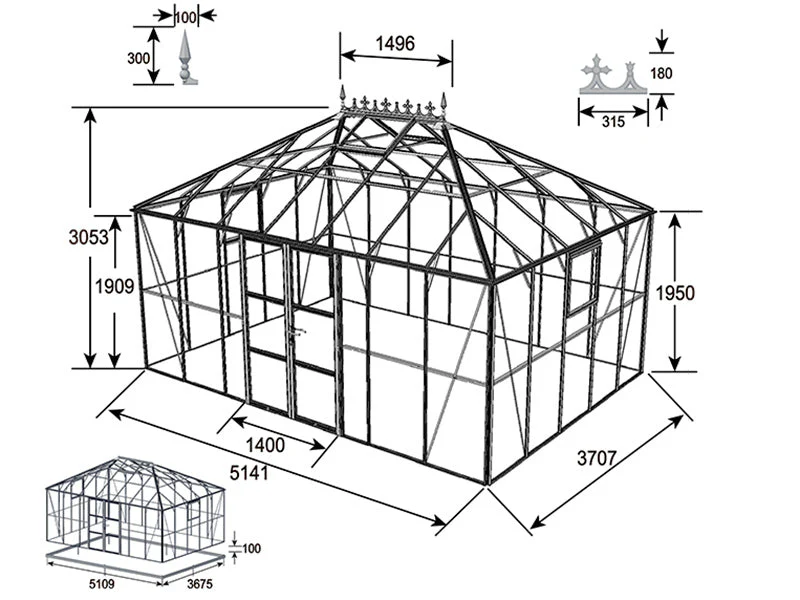 Oranżeria, szklarnia szklana 19m², 5,14x3,71x3,15m z podstawą i ozdobnym zwieńczeniem dachu, Czarna - Image 12