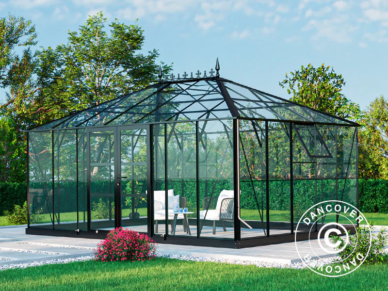 Oranżeria, szklarnia szklana 19m², 5,14x3,71x3,15m z podstawą i ozdobnym zwieńczeniem dachu, Czarna - Image 2