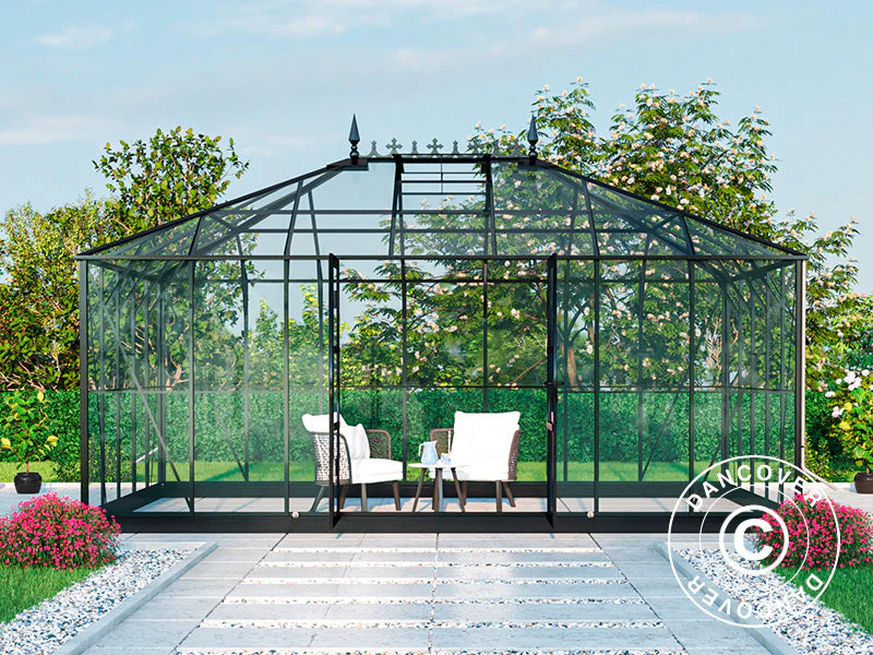 Oranżeria, szklarnia szklana 19m², 5,14x3,71x3,15m z podstawą i ozdobnym zwieńczeniem dachu, Czarna - Image 3